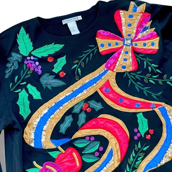 Vintage 1980s Accessory Lady Womens Top Sz Medium Black Beaded Sequins Loud - Picture 11 of 11